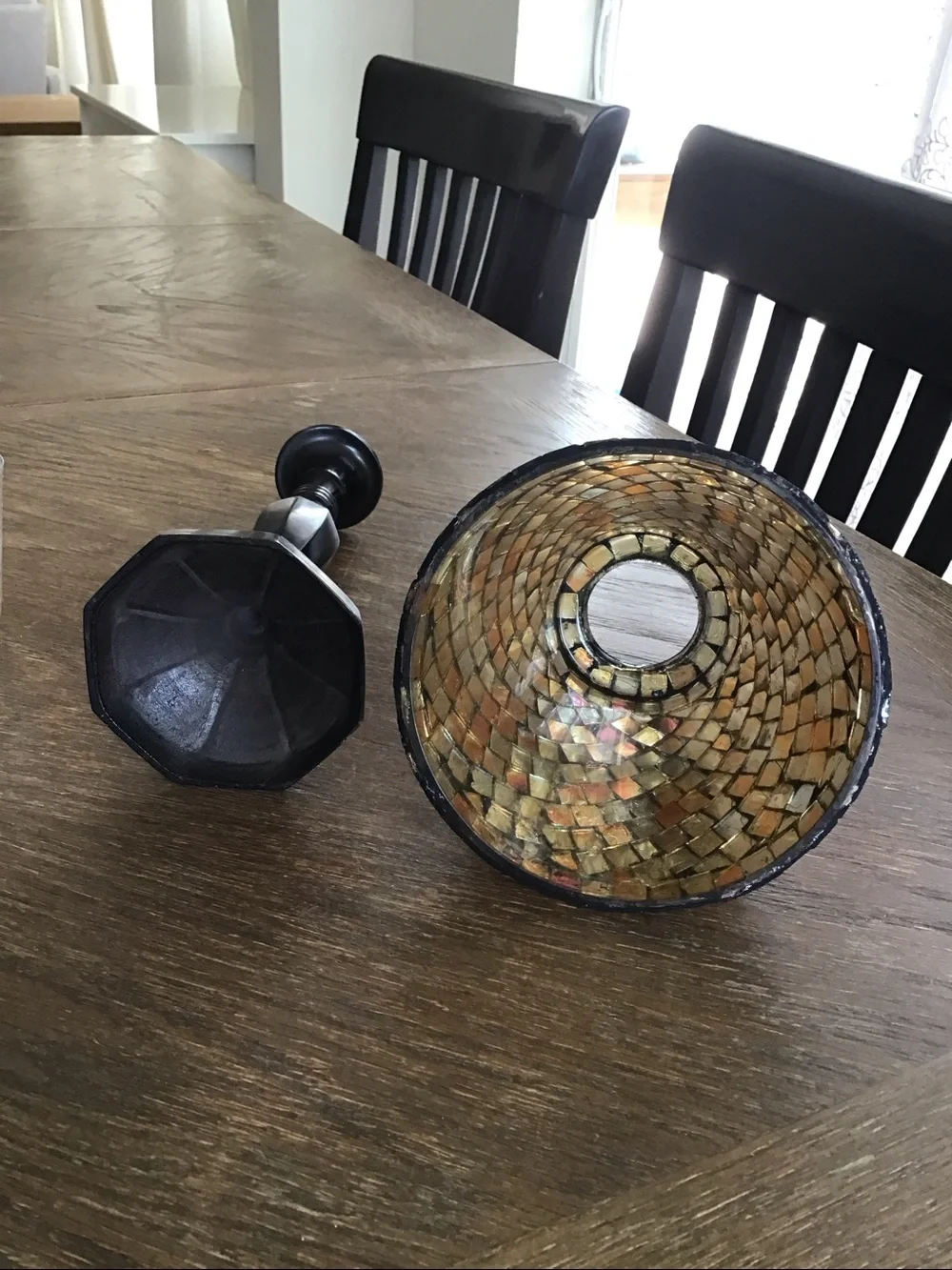 Mosaic tealight candle lamp featuring a stained glass shade.